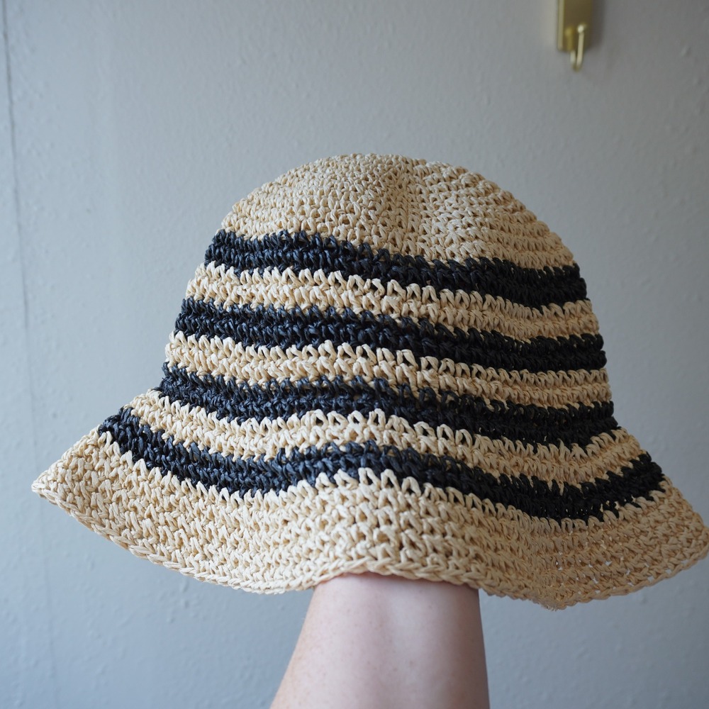 Gap Bucket Hat Tan Black Excellent Striped Straw Paper Summer Sun Hat Beach